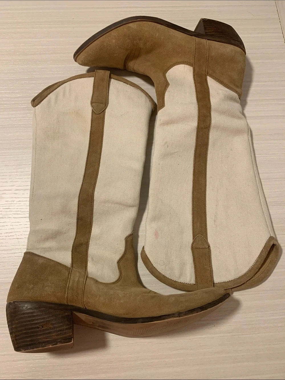 Urban Outfitters UO Leslie Tall Cowboy Boots in Tan and Cream